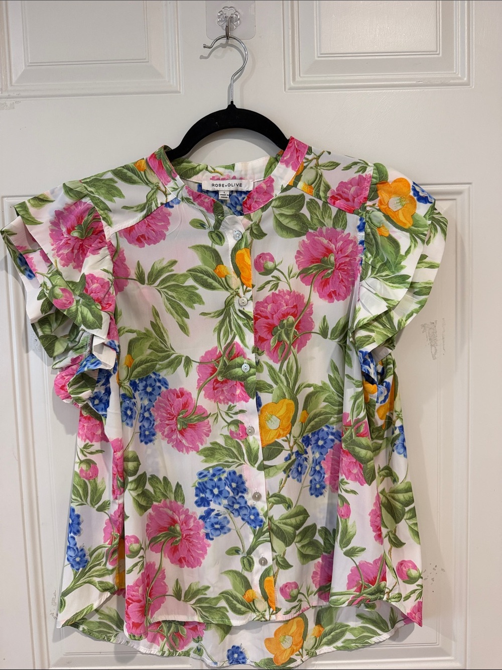 Rose & Olive Floral Ruffle-Sleeve Button Front Dress in Pink, Blue & Yellow